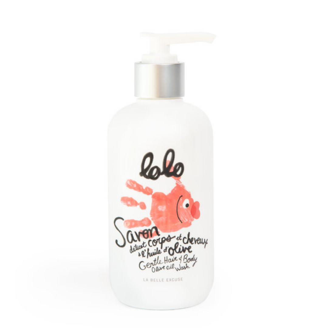Bouteille de savon délicat corps et cheveux de la marque Lolo et moi en format 250ml.